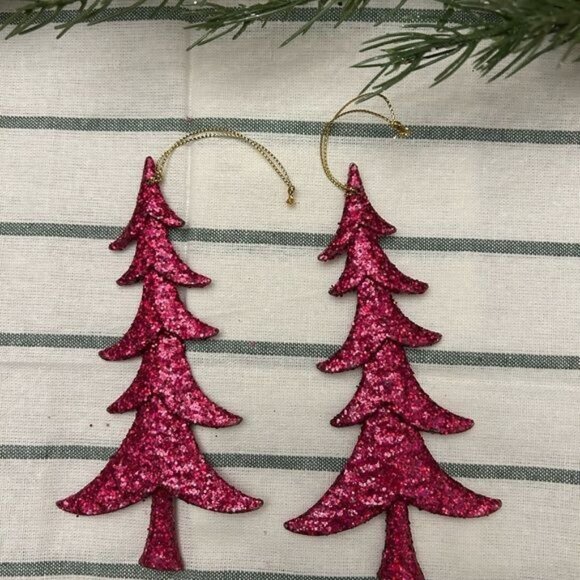 Set of 2 Pink Glitter Sequined Christmas Tree Ornaments Glam - Picture 1 of 4